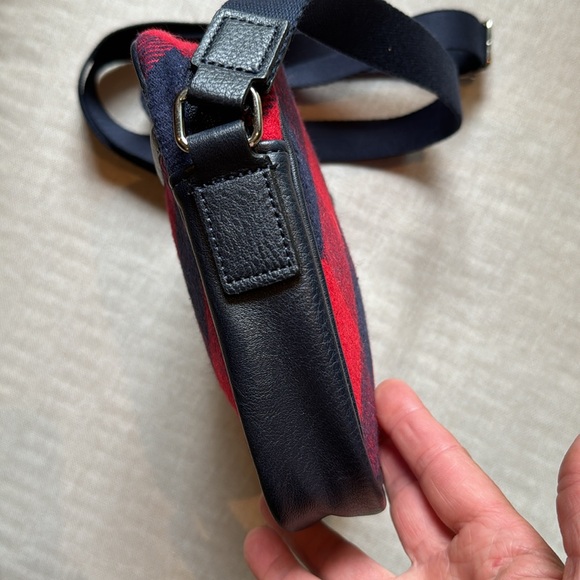 Lands End Crossbody-Red/Navy Plaid Flannel Exterior-Navy Trim-Cloth Strap- - Picture 7 of 16